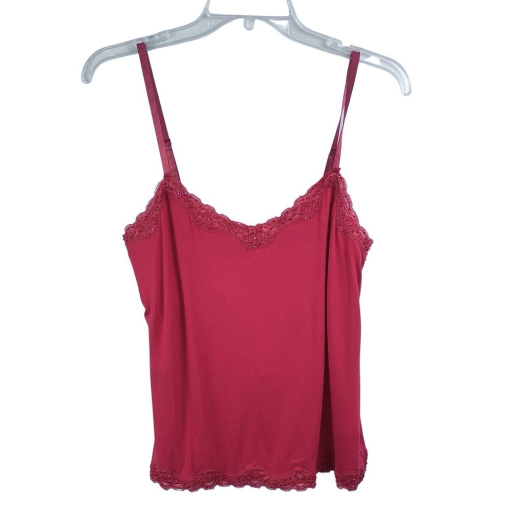 B by BERNARDO New Beaded TANK TOP XS Coral Pink Lace Y2K Cami Jersey Knit